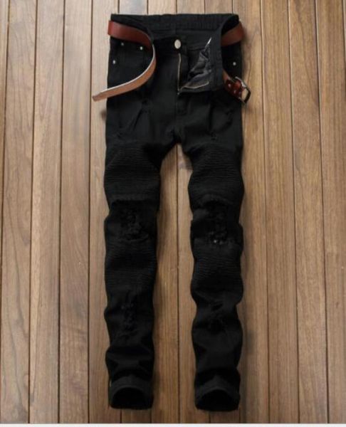 

fashion designer mens ripped biker jeans leather patchwork slim fit black moto denim joggers for male distressed jeans pants5727309, Blue