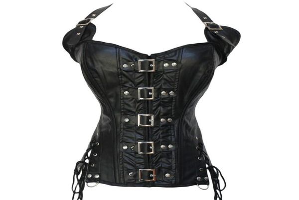 

women steampunk leather corsets lingerie clubwear gothic buckles halterneck pu leather black bustier corsets with buckles and7033114, Black;white