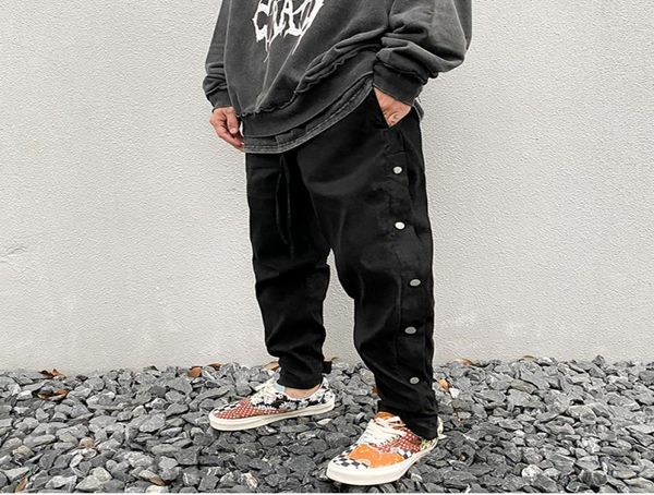 

suede side button baggy pants mens high street drawstring straight loose casual trousers oversize solid harajuku men track pants3757572, Black