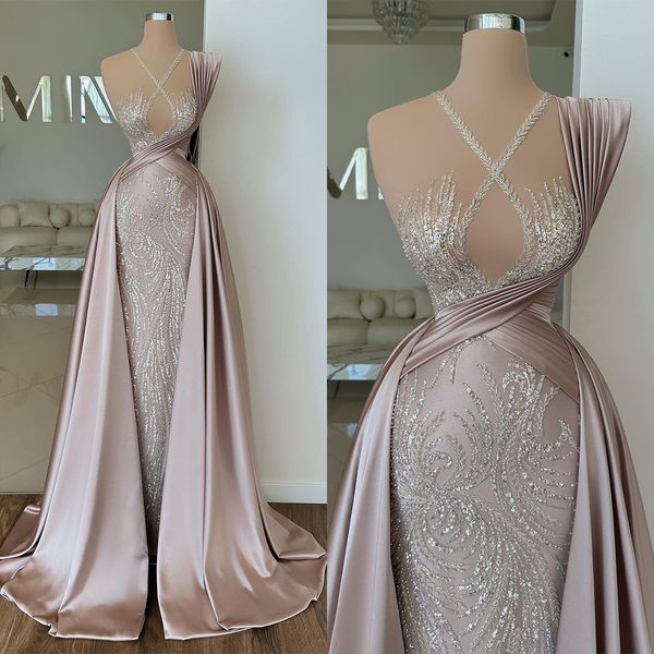 

elegant sequined prom dresses one shoulder sleeveless mermaid formal dress remove overskirt evening party gown, Black;red