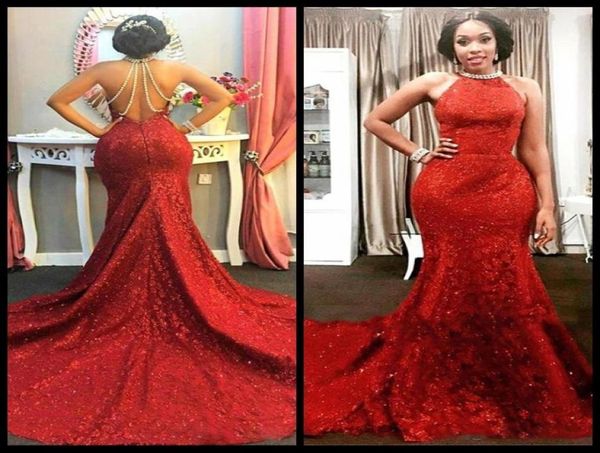 

2017 vestido de novia red mermaid evening dresses full lace with sequined long halter pearls open back robe de soiree4447161, Black;red