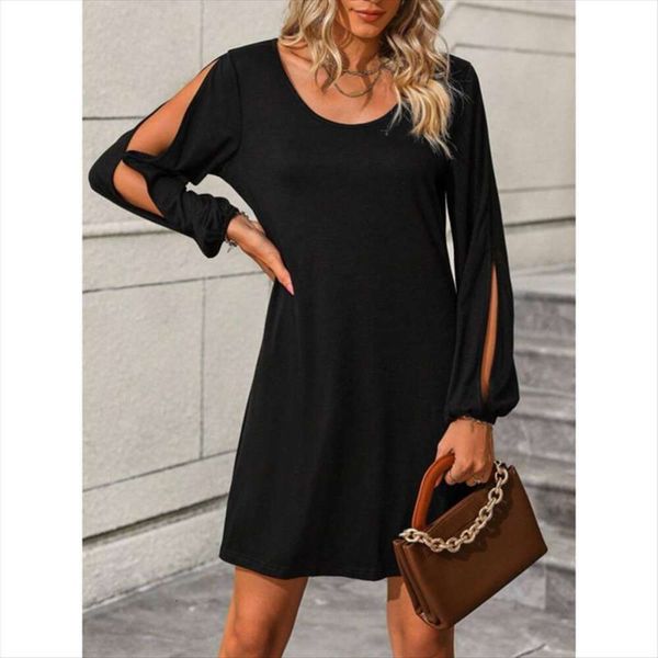 

autumn womens round neck dress long sleeve casual, Black;gray