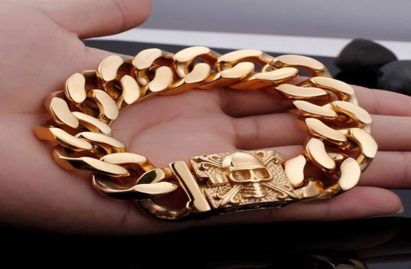 

xmas gifts dignified 316l stainless steel mens chain bracelet jewelry 158g huge heavy cuban curb linkskull skeleton bangle 23mm 915733515, Black