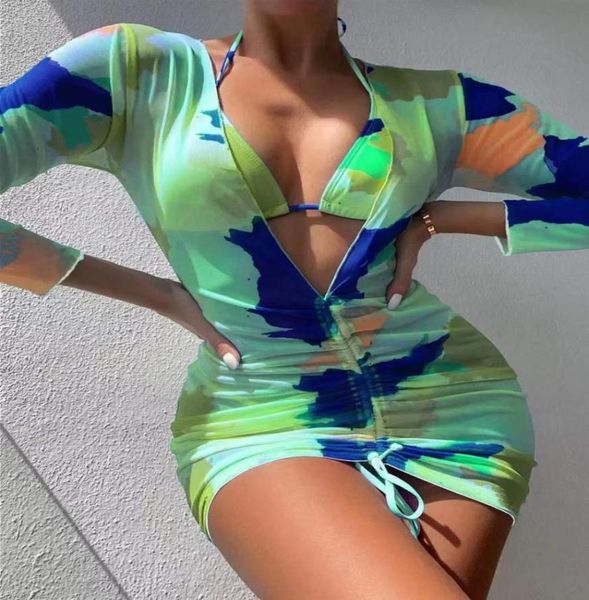 

2022 new mixed color swimwear split digital printing bikini sheer mesh 3 piece set3743020, White;black