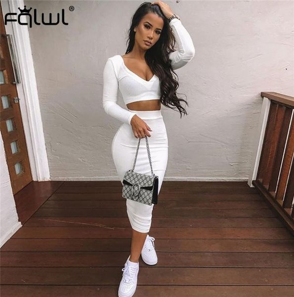 

fqlwl casual two piece set summer knitted dress women long sleeve white bodycon long dress wrap club party maxi dresses 200929751383, Black;gray