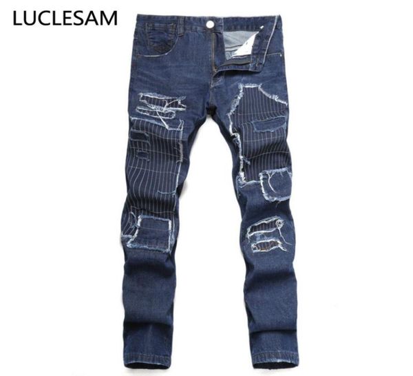 

mens straight patchwork jeans summer fashion men denim pants casual slim fit skinny embroidery trousers designer jeans for men8881257, Blue