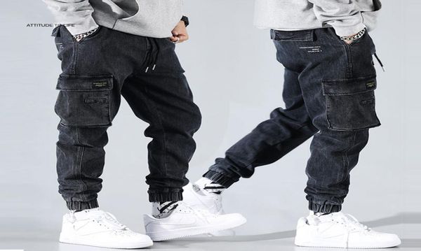 

japanese fashion men jeans black gray loose fit multi pockets cargo pants harem trousers streetwear hip hop jeans men joggers2865703, Blue