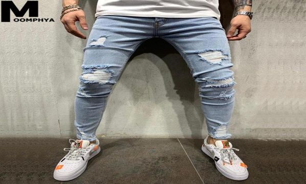 

moomphya distressed ripped holes skinny jeans men streetwear slim men jeans 2020 denim pants hip hop trousers blue5450633, Blue