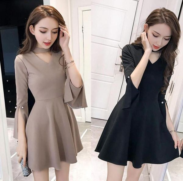 

2020 new spring women french style dress flare sleeve halter choker dress vestidos elegant slim mini a line bottom4198819, Black;gray