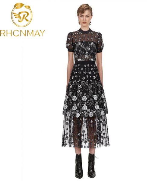 

new self portrait vantage dress 2020 summer design black mesh embroidered flowers midi dress oneck short sleeve for women2989755, Black;gray