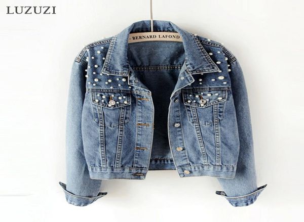 

luzuzi 5xl short denim jacket female ulzzang beaded pearl loose thin casual jeans bomber jacket women spring autumn new coat cy2007517161, Black;brown