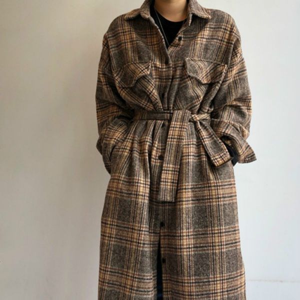 

womens wool blends women winter long elegant shirt coat sleeve plus size woolen plaid overcoat outwear vintage autumn jacket cloak 230818, Black