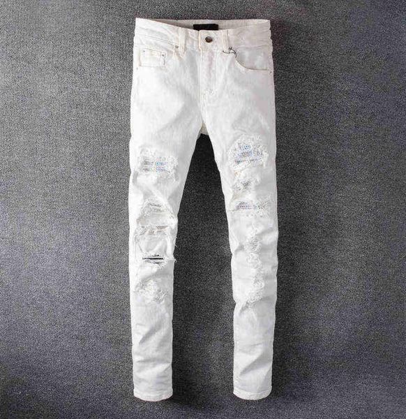 

men's white crystal holes ripped jeans fashion slim skinny rhine stretch denim pants hole patch tight6940582, Blue