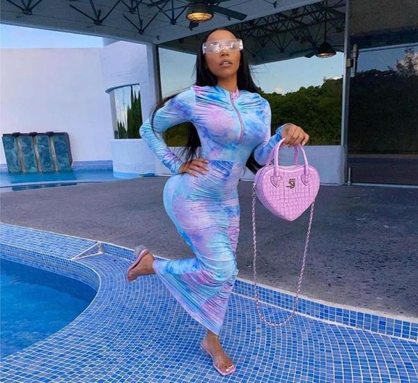 

casual dresses women tie dye print long sleeve bodycon dress ruched fitness skinny zipper colorful fashion vestido de mujer street7273746, Black;gray