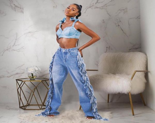 

women high waist solid loose jeans tassel wide leg plus size pants fashion casual style6719941, Blue