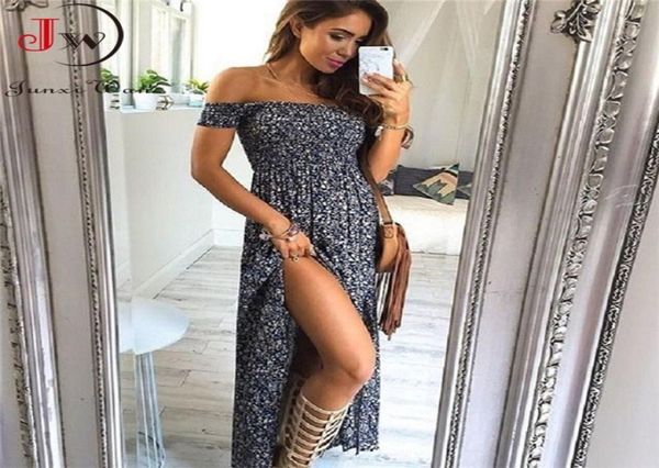 

women summer chiffon long dress slash neck strapless front split casual elegant floral print boho beach dresses 2205166787242, Black;gray