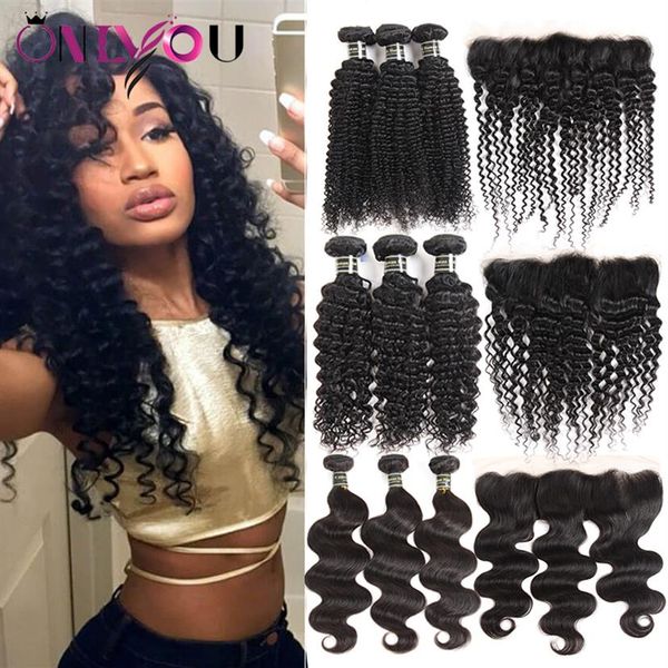 

unprocessed brazilian virgin human hair weave 3 bundles with lace frontal deep body wave kinky curly hair extensions frontal weave291w, Black