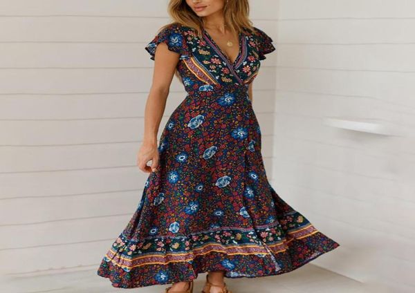 

casual dresses summer long bandage floral print dress for women 2023 v neck short sleeve high waist split maxi ladies4257608, Black;gray