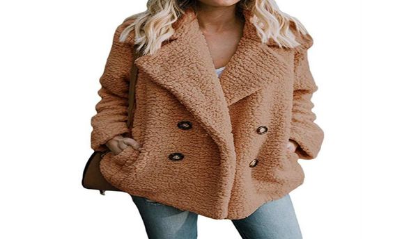 

women plus size faux fur jacket coat winter pockets teddy coat female plush overcoat casual wool outerwear6508920, Black