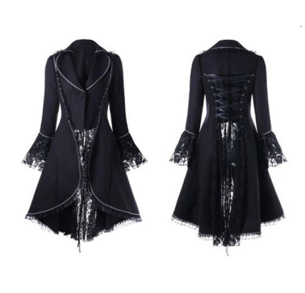 

wipalo women lace trim retro coat gothic jacket medieval victorian laceup bandage jacket high low noble court dress overcoat9604259, Black;brown