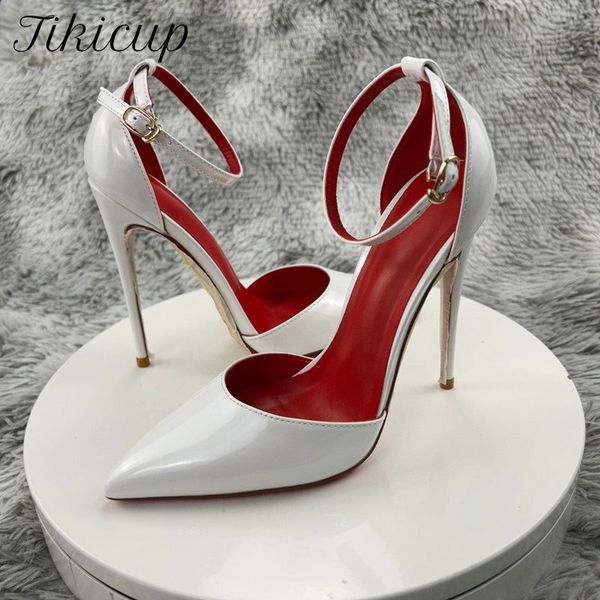 

dress shoes tikicup white patent leather women ankle buckle strap pointy toe high heel for wedding party elegant ladies stiletto pumps 23081, Black
