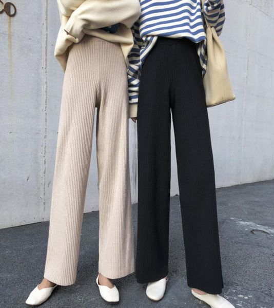 

2019 korean women trousers autumn winter knitted wide leg pants elastic high waist female casual loose pant8689441, Black;white