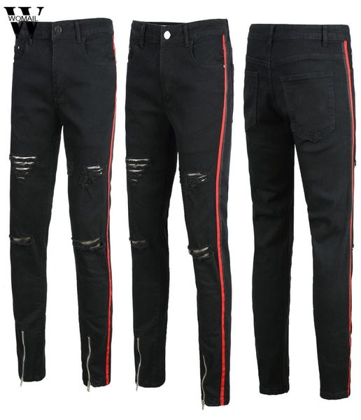 

womail pant men stretchy black skinny jeans hole pure color slim fit denim vintage denim pants zipper jean 2019 j721533254, Blue