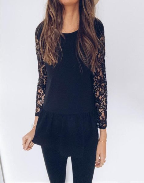 

european and american backless lace joining together with long sleeves round neck black tshirt size s2xl4042524, White