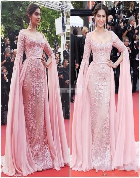 

2019 pink lace appliqued overskirt evening dresses formal party gowns zipper back long poet sleeves red carpet celebrity dress pro6206901, Black;red