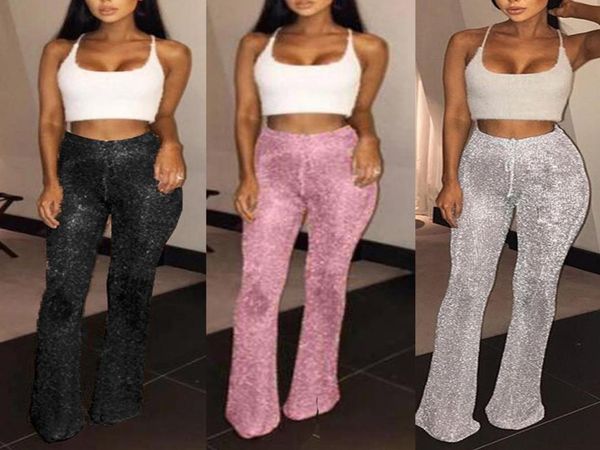 

fashion womens flared glitter sequins leggings solid high waist bell bottom pants disco trouser lady drawstring pants7816525, Black;white