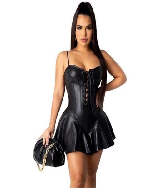 

night club laceup leather corset dress women spaghetti strap bandage bodycon mini backless bottom flare party casual dresses8985180, Black;gray