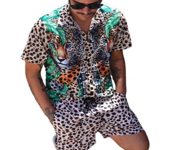 

stylish leopard print tracksuits casual loose chemisier printed shirt beach pants suit men tiger printing man blusa sets2853437, Gray