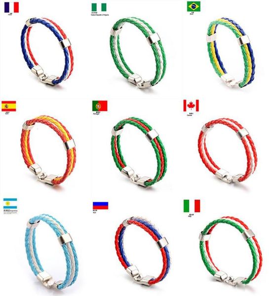 

world cup football soccer team leather bracelet with national flag stripe charms handmade braided wristband fans gift2007576, Golden;silver