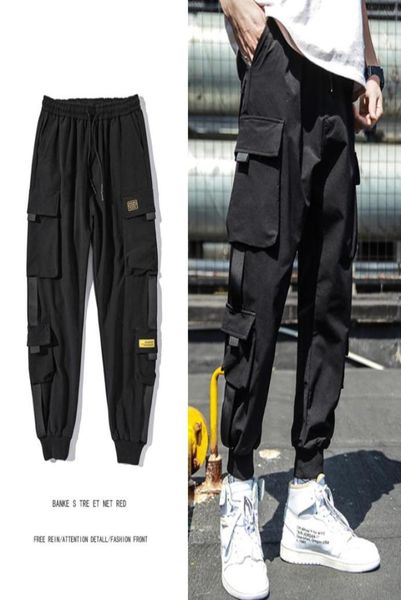 

mens spring hip hop joggers black harem cargo pants multipocket ribbons male sweatpants streetwear casual pants m3xl2444583