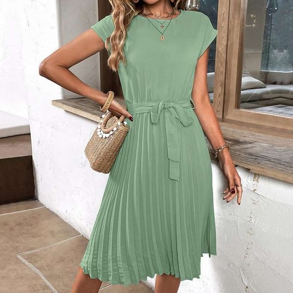 

summer dress womens strap up pure color pleated commuter, Black;gray