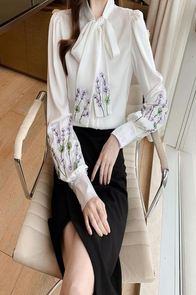 

2022 vintage embroidery white shirt women lantern sleeve button blouses office ladies runway casual shirts spring autumn fine eleg7153026
