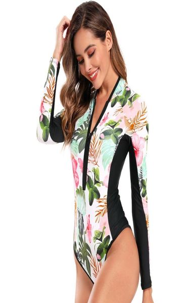 

printed long sleeve swimsuit high waist zipper swimwear for women beach surf bathing suit3883417, White;black
