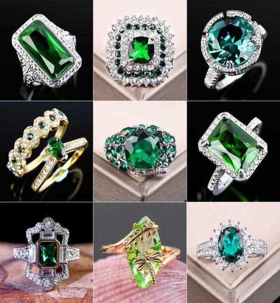 

large green stone ring for women wedding gift luxury jewelry color cubic zirconia ring bague femme anillos mujer z5x873 q0708782665760191, Silver