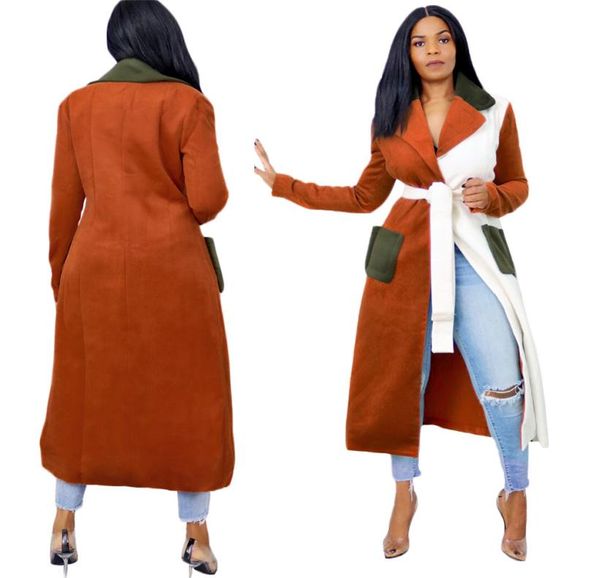 

new winter women warm coats fashion multicolor patchwork long trench outerwear lapel collar long sleeve cardigan coats with belt5354611, Tan;black