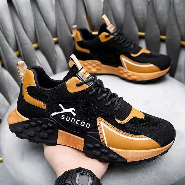 

dress shoes men's vulcanize shoes spring lace up men platform casual sneakers trend soft leather breathable men running shoes non-slip, Black