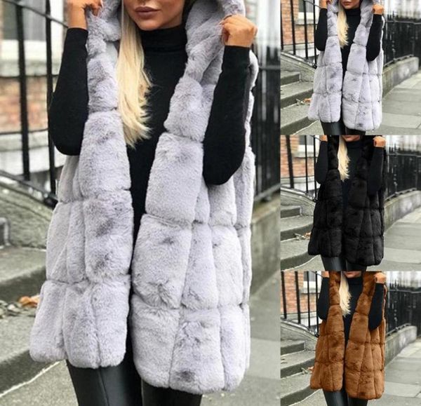 

winter hooded waistcoat for women jacket solid sleeveless hoodies coat vest faux fur coat women outwear warm fur veste cardigans8141692, Black