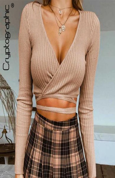 

cryptographic fashion deep v neck cotton t shirt women short bandage long sleeve tee shirt autumn crop clothes t2006174808727, White