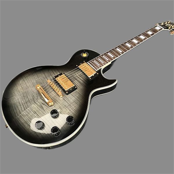 

chinese electric guitar transparent black gold hardware flame maple 6 strings2589