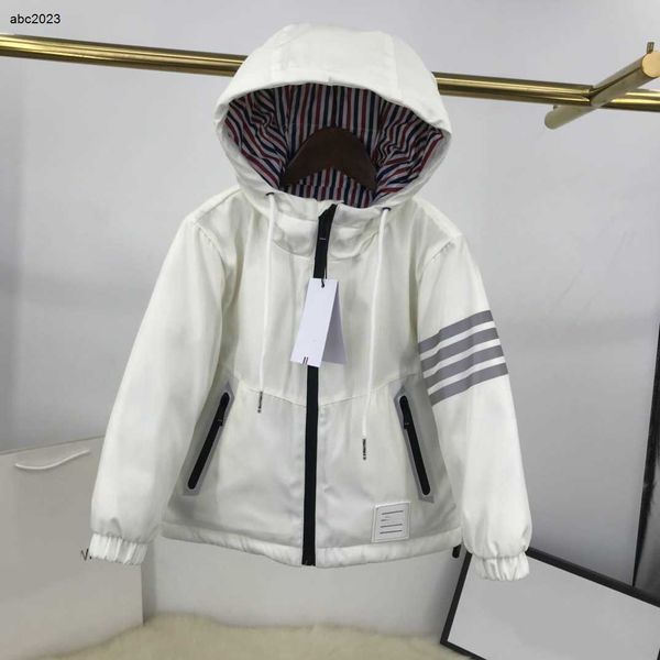 

new designer kids down jackets colorful striped lining baby winter clothing size 110-160 cm zipper pocket hooded outwear aug16, Blue;gray
