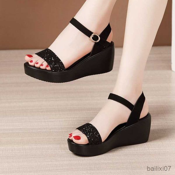 

sandals women's platform sandals 2023 summer retro bling open toe ankle strap sandals for women dress 6cm high heel female shoes r23082, Black
