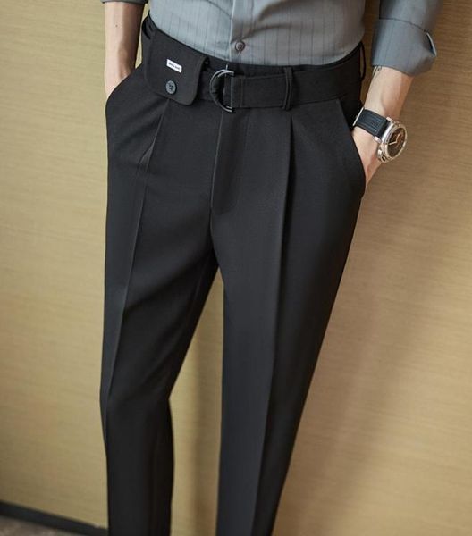 

fashion belt design men formal pant 2022 new solid color business slim fit trousers formal office social party dress suit pants9542813, Black