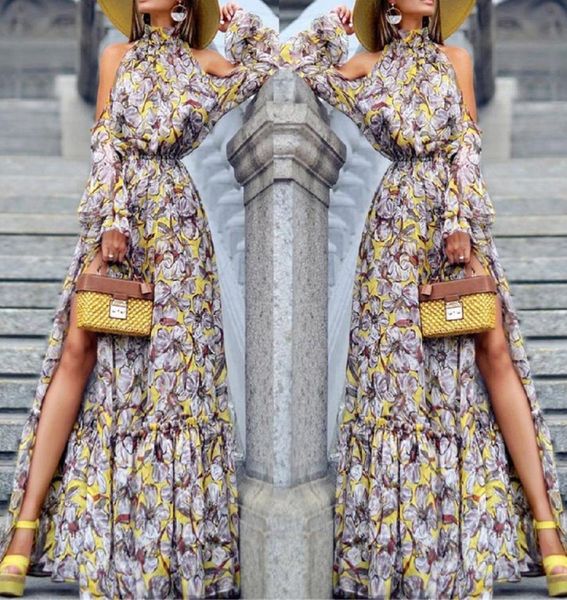 

bohemian print long dress vestidos de festa fashion womens long sleeve off shoulder printed evening turtleneck dresses88119647, Black;gray