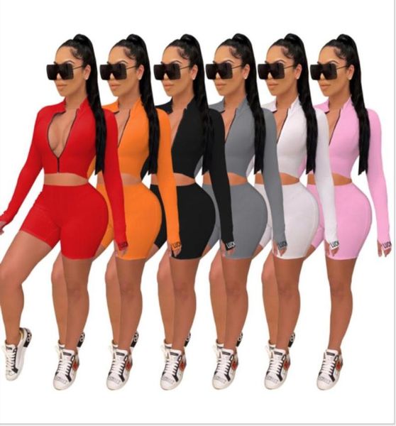 

2pcs women039s long sleeve sportswear solid color zipper elastic crop tightfitting short pants outfit set 2020 new plus s1455120, Gray