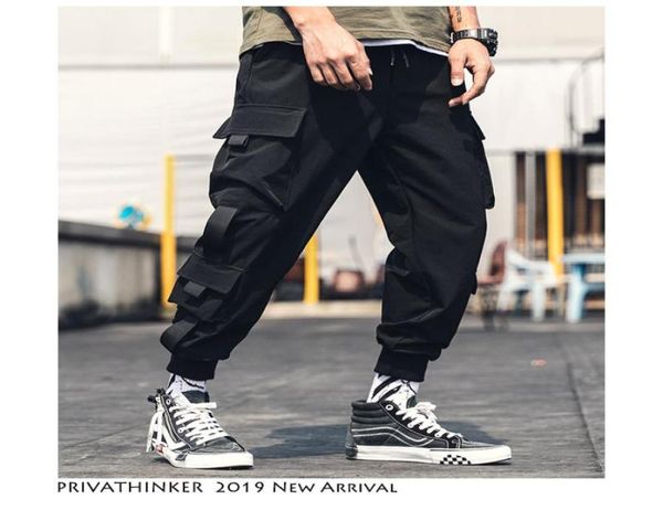 

men belt ankel length joggers pants 2019 overalls men japanese streetwear baggy sweatpants pockets black sweatpants4116058