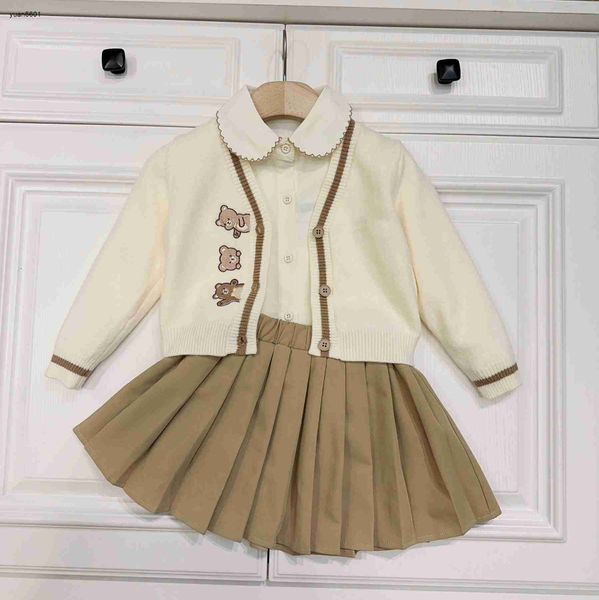 

luxury designer girls dress suits autumn sets size 90-140 cm 3pcs v-neck knitted cardigan and lapel shirt and khaki pleated skirt aug18, White